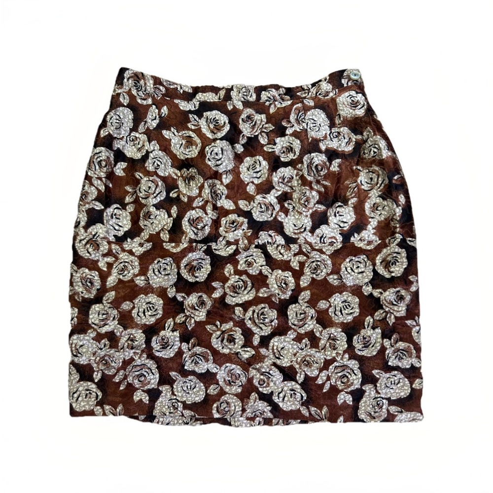 VTG Italian Satin Mini Skirt Women's S Brown White Floral Print Pencil Lined Y2K